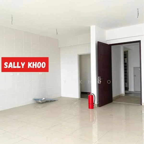 Room features: white tiled walls, cream tiled flooring, single door, fire extinguisher, two wall-mounted electrical outlets, two ceiling hooks, open layout, neutral color scheme; style: modern.