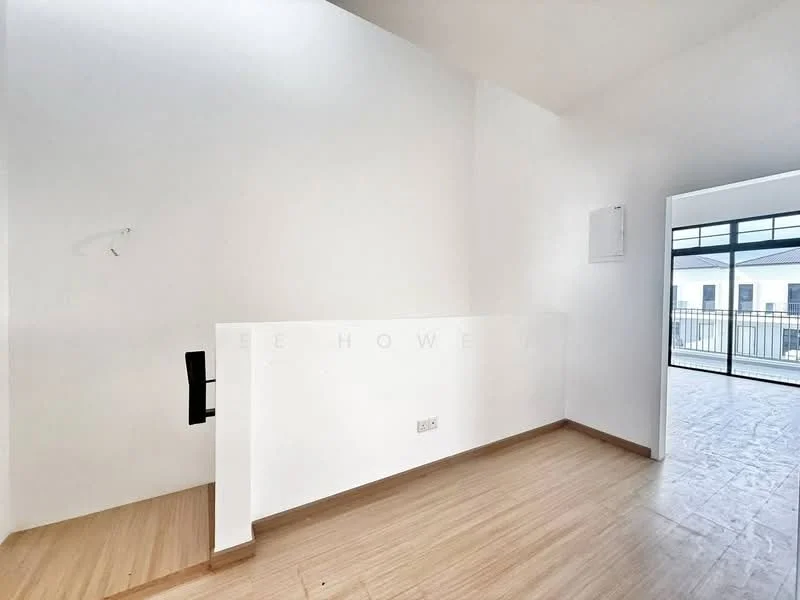Room features: white painted walls, wooden flooring, large sliding glass door, balcony access, minimalist design, high ceiling, natural light from windows; style: modern.