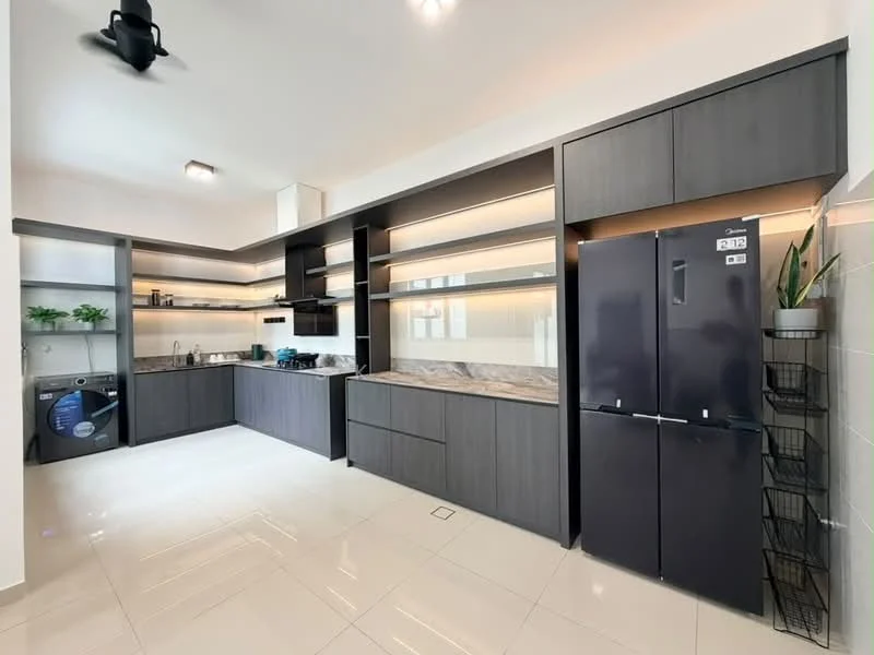 Kitchen features: grey cabinetry, marble countertop, stainless-steel sink, chrome pull-down faucet, built-in oven, stainless-steel fridge, ceramic tile flooring, open shelving, recessed LED downlights, wall-mounted plant holder, washing machine, decorative plants; style: modern.