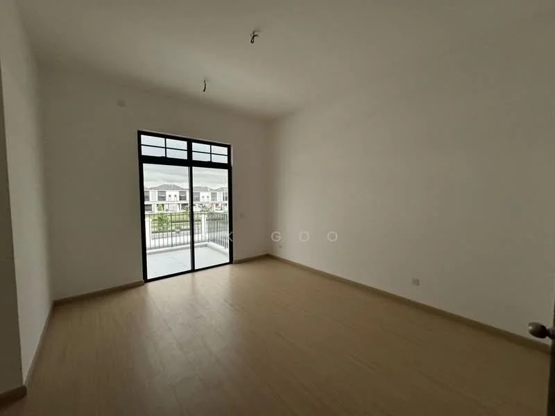 Room features: white painted walls, laminate flooring, floor-to-ceiling windows, sliding glass door, balcony access, natural light, minimalist decor, neutral color scheme; style: modern; view: garden.