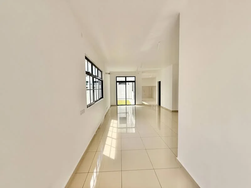 Room features: white painted walls, glossy beige tile flooring, large floor-to-ceiling windows, sliding glass door, natural light flooding in, high ceiling, minimalist design, open layout; style: modern; view: garden.