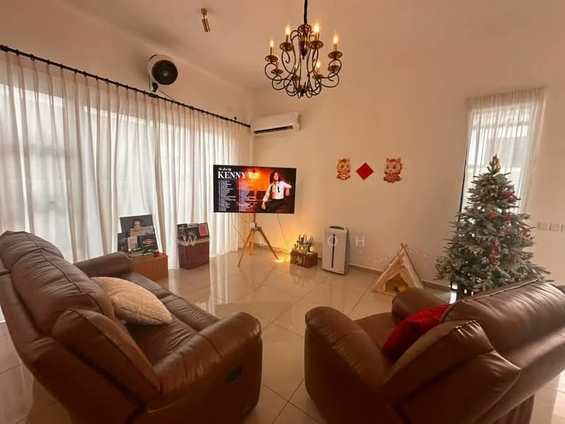 Living features: 2 brown leather recliners, chandelier with multiple bulbs, floor-to-ceiling windows with sheer curtains, wall-mounted TV, decorative wall art, Christmas tree, air conditioning unit, cream tiled flooring, decorative wall hangings, wooden decorative shelf; style: modern.