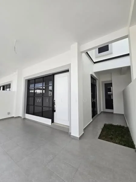 Room features: white painted walls, grey tile flooring, large glass windows, main entrance door, open layout, natural light from skylight, grass patch, interior courtyard; style: modern.