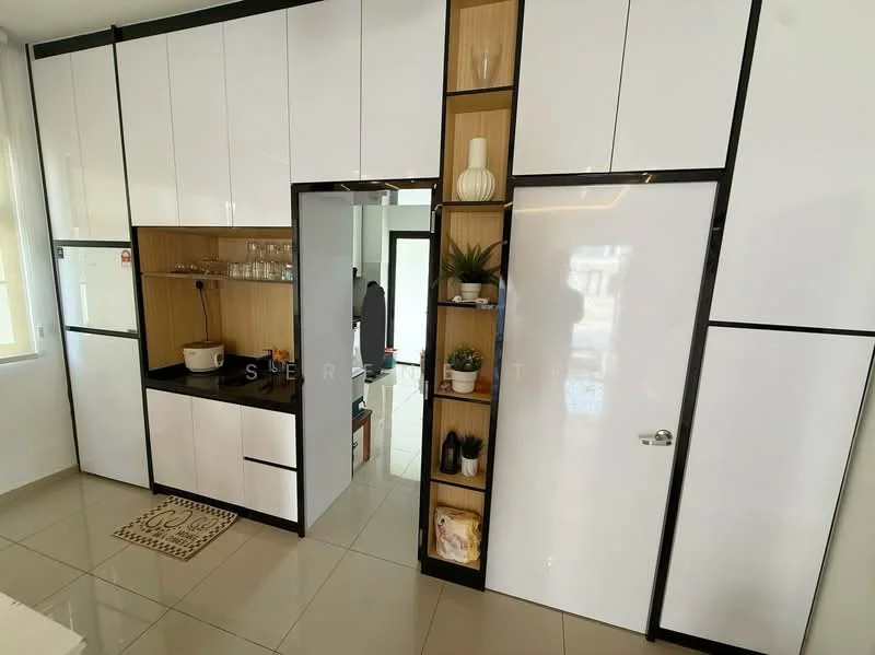 Kitchen features: white cabinetry with black trim, wooden shelving, built-in storage, ceramic tile flooring, countertop space, sink, glassware on shelves, decorative vase, door to pantry or utility room; style: modern.