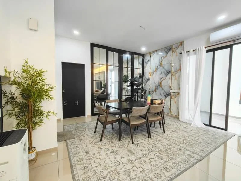 Dining features: 6-seater dining table, upholstered dining chairs, decorative area rug, glass sliding doors, marble accent wall, white sheer curtains, wall-mounted air conditioning unit, cream tiled flooring, indoor plant, black door, framed glass partition; style: modern.