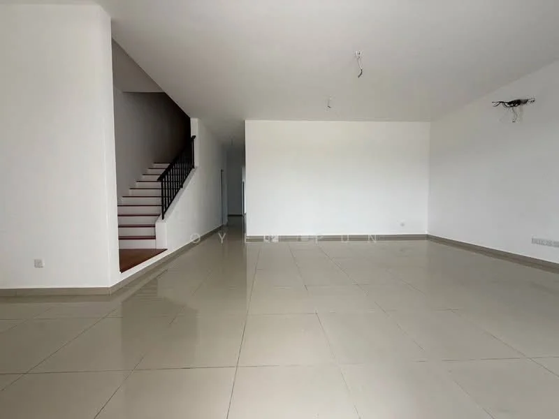 Room features: white painted walls, large format ceramic tile flooring, staircase with black railing, recessed ceiling lights, no visible furniture or decor, open layout, natural light from windows, neutral color scheme; style: modern.