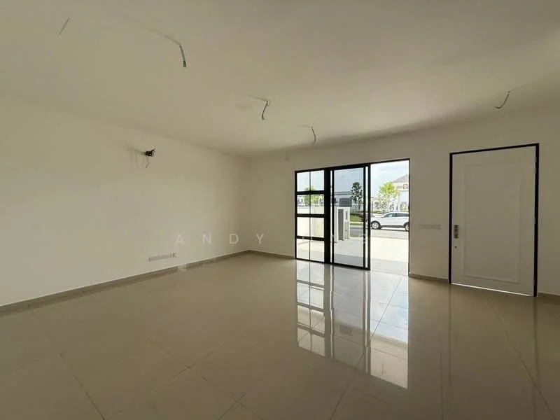 Room features: white painted walls, glossy tile flooring, large floor-to-ceiling windows, single door, ceiling lights, open layout, no visible furniture, neutral color scheme; style: modern.