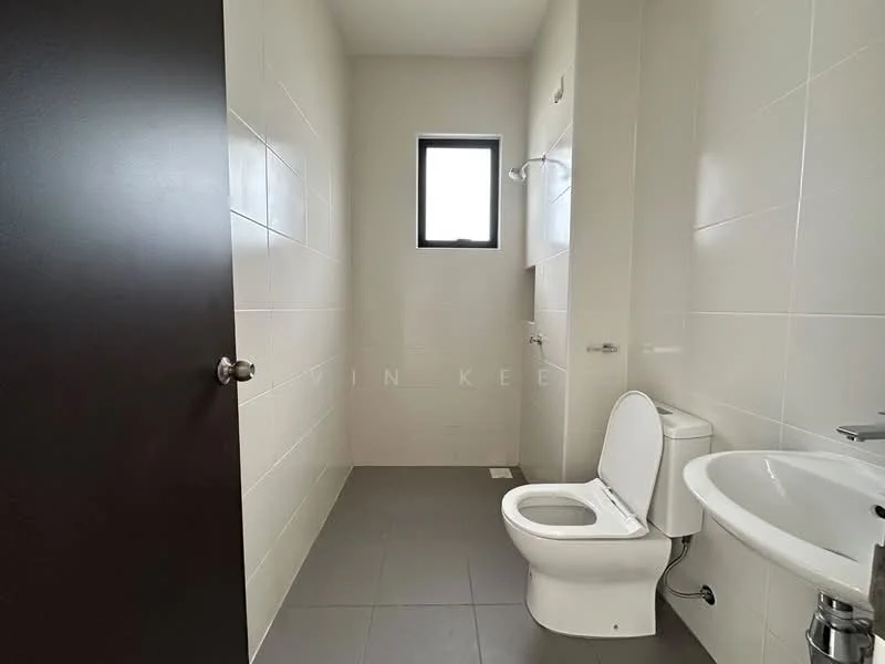 Bathroom features: white tiled walls, grey tile flooring, one-piece toilet, chrome basin mixer faucet, framed mirror, shower with wall-mounted faucet, window for natural light; style: modern.