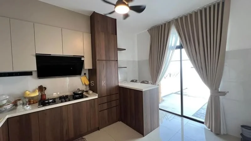 Kitchen features: brown wooden cabinetry, white countertop, black built-in oven, 4-burner gas hob, stainless-steel range hood, single-bowl stainless-steel sink, chrome pull-down faucet, wall-mounted storage shelves, floor-to-ceiling windows, sheer curtains, tile flooring, ceiling fan with light; style: modern; view: garden.