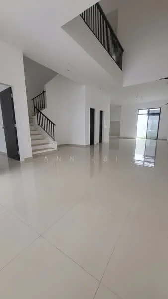 Room features: white painted walls, glossy ceramic tile flooring, staircase with wooden handrail, large floor-to-ceiling windows, double doors, high ceiling, open layout, natural light, minimalist decor; style: modern; view: garden.