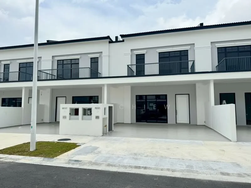 Exterior type: linked terrace house; features: white painted facade, flat roof, two-storey, balconies with black railings, manicured lawn, paved walkway, front porch area, large windows, main entrance gate, parking space in front; style: modern.