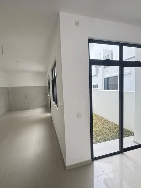 Room features: white painted walls, grey tiled flooring, large glass sliding door, windows with black frames, open layout, natural light, minimalist design, indoor-outdoor transition area; style: modern; view: garden.
