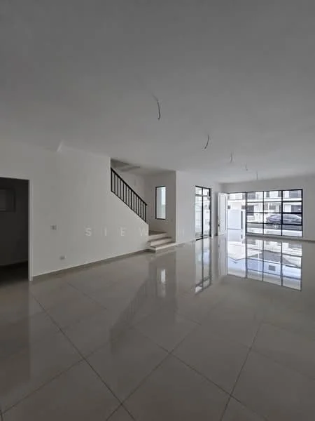 Living features: white painted walls, glossy tile flooring, large floor-to-ceiling windows, staircase with black railing, multiple ceiling lights, open layout, natural light, neutral color scheme; style: modern.