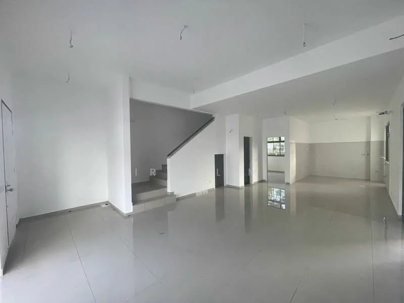 Room features: white painted walls, grey tiled flooring, large windows, staircase, recessed ceiling lights, open layout, no visible furniture, neutral color scheme; style: modern.