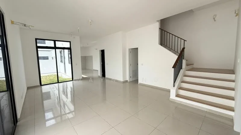 Room features: large floor-to-ceiling windows, white painted walls, light grey tiled flooring, staircase with wooden steps, open layout, natural light from windows, no visible furniture, high ceiling; style: modern; view: garden.