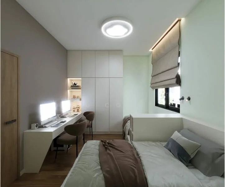 Bedroom features: queen-size bed with brown and grey bedding, wooden flooring, light green painted walls, grey accent wall, built-in wardrobe with white doors, study desk with two chairs, two desktop monitors on the desk, roller blinds on the window, recessed ceiling light, decorative wall shelf, wall-mounted light fixture; style: modern.