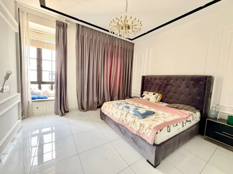 Bedroom features: king-size bed with upholstered headboard, white painted walls, grey curtains, floor-to-ceiling windows, white tiled flooring, chandelier, nightstand with drawer, decorative throw pillows, bedspread with colorful patterns, water bottle on nightstand; style: modern.