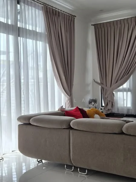 Living features: beige fabric sectional sofa, floor-to-ceiling windows, sheer curtains, drapes in light beige, glossy tile flooring, decorative wall with TV unit, wall-mounted TV, plush toy on sofa; style: modern.
