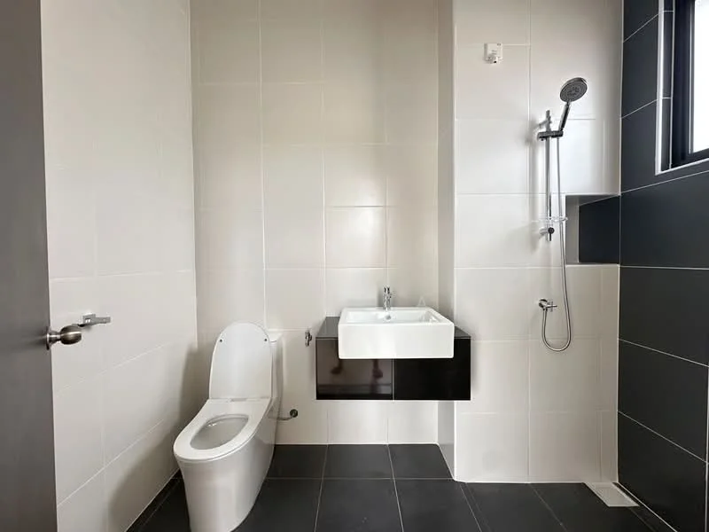 Bathroom features: white wall tiles, black accent wall, black vanity with sink, chrome basin mixer faucet, shower with handheld showerhead, toilet, floor-to-ceiling window, grey floor tiles; style: modern.