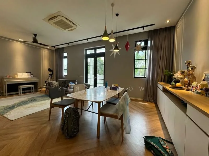 Dining features: wooden dining table, upholstered dining chairs, pendant lights, 5-blade ceiling fan, floor-to-ceiling windows, grey painted walls, laminate flooring, decorative wall shelves, area rug with geometric pattern, decorative plants, wall-mounted artwork; style: modern; view: garden.
