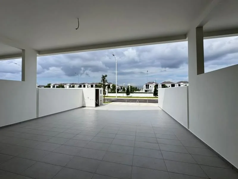 Exterior features: open space, grey tiled flooring, white painted walls, large opening for natural light, view of residential area, street lighting visible, cloudy sky, surrounding greenery; style: modern.