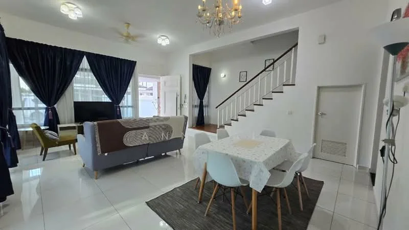 Living features: white painted walls, glossy tile flooring, 5-blade ceiling fan with light, chandelier, floor-to-ceiling windows with sheer curtains, grey fabric sofa, green armchair, dining table with white tablecloth, white dining chairs, area rug with geometric pattern, staircase with wooden railing; style: modern.
