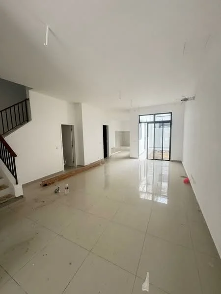 Living features: white painted walls, glossy ceramic tile flooring, large floor-to-ceiling windows, sliding glass door, recessed downlights, open layout, staircase with wooden railing, natural light from windows, unfinished space with construction materials, concrete wall, no visible furniture; style: modern; view: garden.
