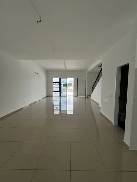 Room features: white painted walls, polished ceramic tile flooring, large glass sliding door, multiple ceiling lights, staircase visible in background, doorway leading to another room, open layout, large windows allowing natural light; style: modern; view: garden.