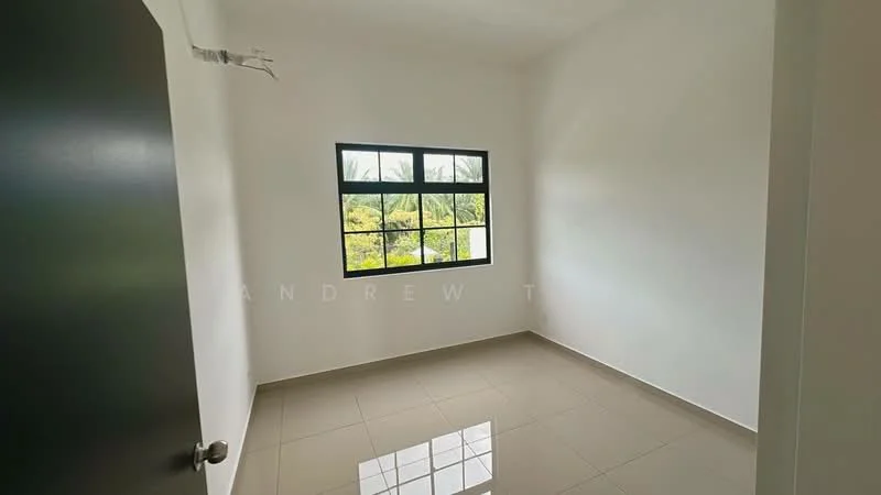 Room features: white painted walls, glossy ceramic tile flooring, black framed window, single door, natural light from window, view of greenery outside; view: garden.