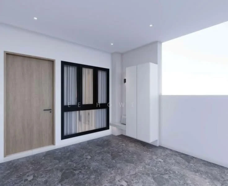 Room features: white painted walls, grey stone flooring, wooden door, black framed windows with vertical slats, built-in white cabinetry, shower area, recessed downlights; style: modern.