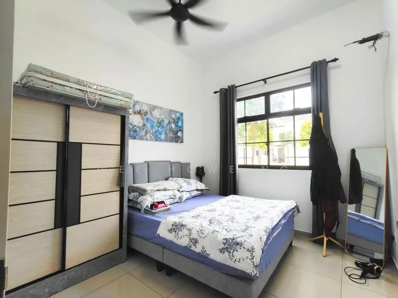Bedroom features: queen-size bed with blue bedding, upholstered headboard, bedside table, black ceiling fan, large window with black curtains, built-in wardrobe with sliding doors, full-length mirror, decorative wall art, tile flooring, white painted walls; style: modern; view: garden.