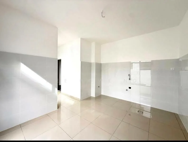 Room features: white painted walls, grey tiled walls, glossy beige floor tiles, single window, no visible appliances, no visible furniture, bright natural light, high ceiling; style: modern.