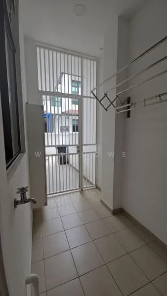 Laundry features: tiled flooring, white painted walls, window with vertical blinds, metal drying rack, sink with faucet, door leading outside.