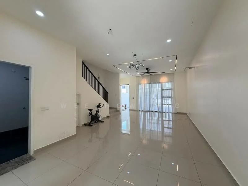 Living features: white painted walls, glossy tile flooring, ceiling with recessed downlights, 5-blade ceiling fan, large sliding glass door, floor-to-ceiling windows, exercise bike, open layout, natural light, neutral color scheme; style: modern. Room features: white painted walls, glossy tile flooring, doorway leading to another room.