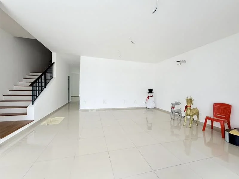 Living features: white painted walls, glossy ceramic tile flooring, exposed ceiling with light fixtures, staircase with wooden treads and black railing, decorative snowman figure, metal reindeer decorations, red plastic chair, area rug, open layout; style: modern.