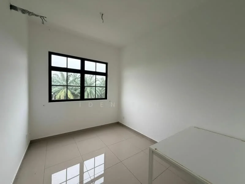 Room features: white painted walls, glossy tile flooring, large window with black frame, view of palm trees outside, no visible ceiling features, empty space, minimal decor, single light fixture wiring visible; style: minimalist; view: garden.