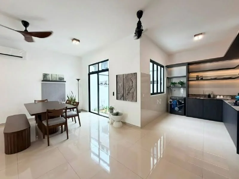 Dining features: 6-seater dining table, wooden dining chairs, pendant light, white painted walls, glossy tile flooring, ceiling fan, large windows, indoor plants, decorative wall art; style: modern. Kitchen features: black cabinetry, stainless-steel sink, built-in oven, stove with hood, countertop with storage, recessed lighting, blue refrigerator; style: modern.