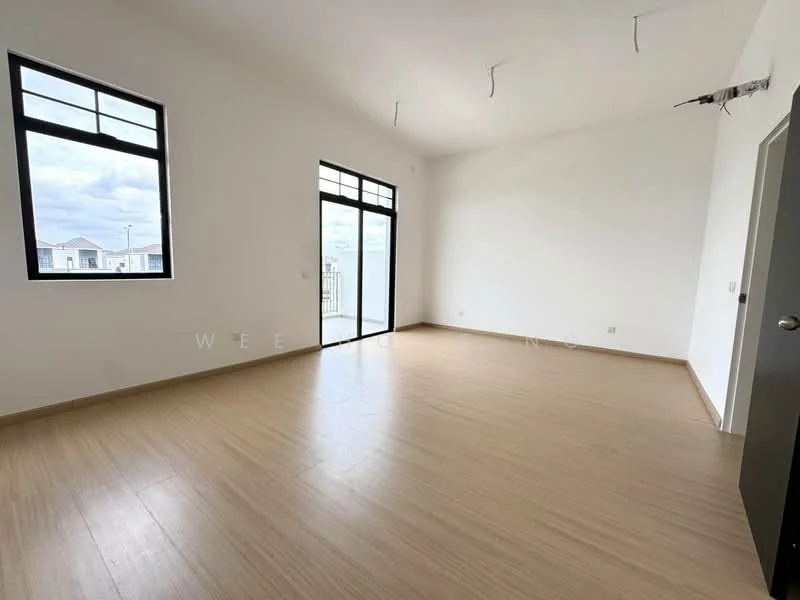 Room features: white painted walls, laminate flooring, large windows with black frames, high ceiling, ceiling lights, door with black handle, open space, natural light; style: modern.