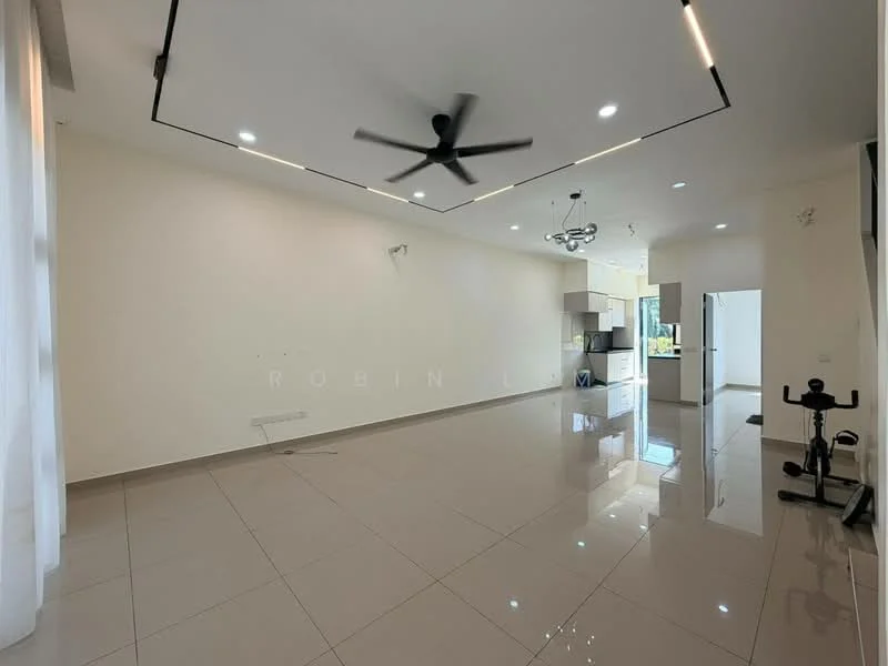 Living features: polished ceramic tile flooring, white painted walls, tray ceiling with recessed lighting, 5-blade ceiling fan with light, large windows for natural light, open layout to kitchen, sliding glass door to outdoor area, wall-mounted TV, exercise bike, decorative light fixture; style: modern; view: garden. Kitchen features: kitchen island, stainless-steel sink, built-in cabinetry, modern appliances, open layout to living area; style: modern; view: garden.
