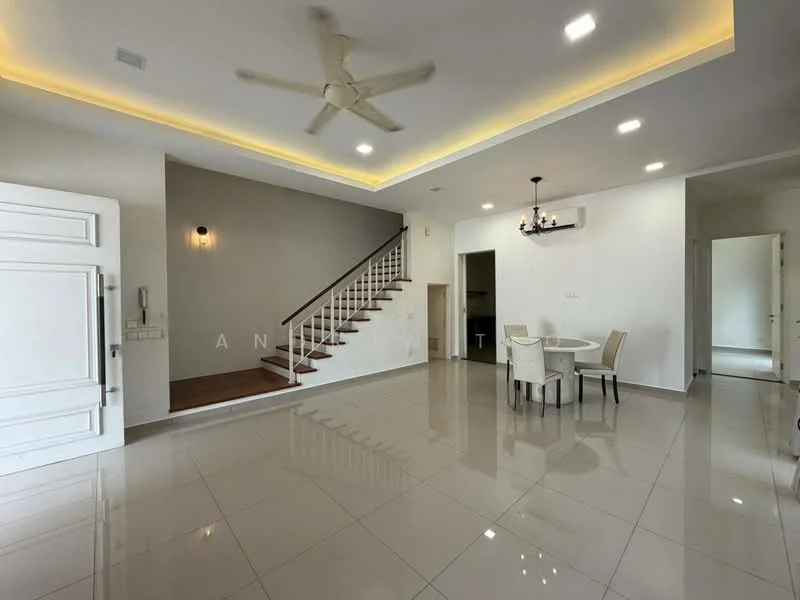 Living features: white painted walls, grey accent wall, polished ceramic tile flooring, 5-blade ceiling fan with light, recessed downlights, dining table for four, upholstered dining chairs, staircase with wooden handrail, decorative light fixture, open layout, large windows for natural light; style: modern.