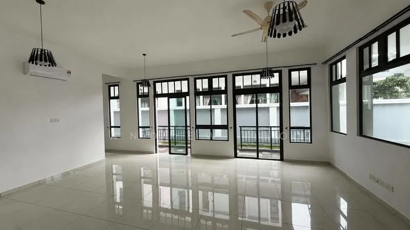 Living features: white painted walls, glossy ceramic tile flooring, 5-blade ceiling fan with light, floor-to-ceiling windows, blackout curtains, sliding glass doors, balcony access, air conditioning unit; style: modern; view: garden.