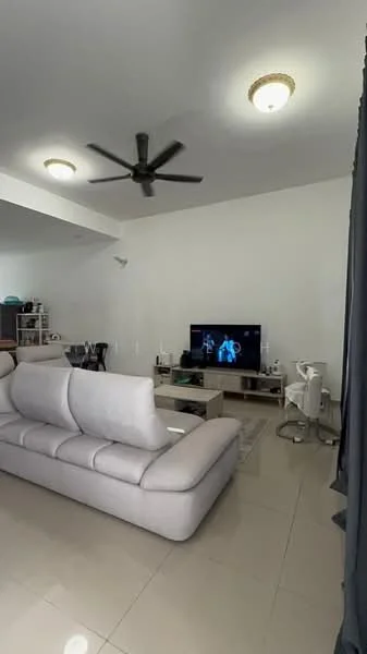 Living features: 3-seater fabric sofa in light grey, flat-screen TV on media console, coffee table, ceiling fan, recessed downlights, white painted walls, glossy tile flooring, curtains, decorative wall art; style: modern.