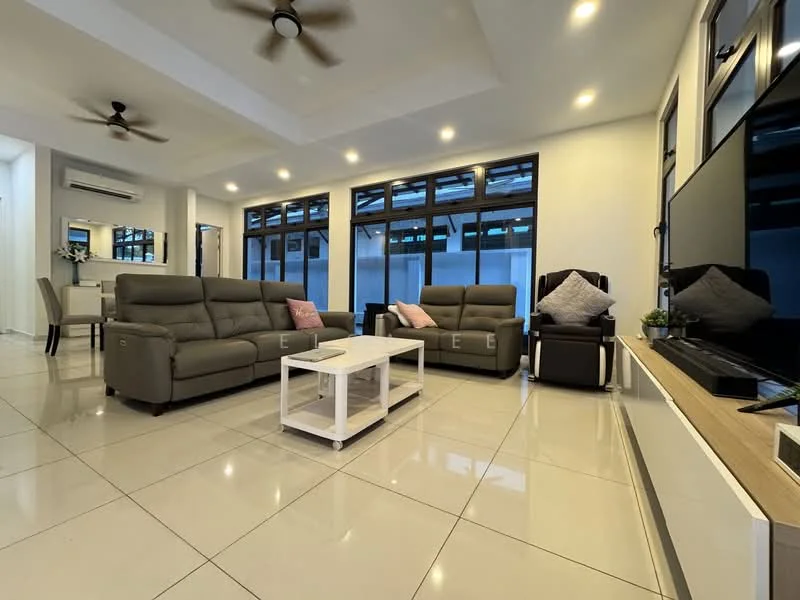 Living features: 3-seater leather sofa in grey, 2-seater reclining sofa in brown, coffee table with white finish, wall-mounted TV, entertainment unit with wooden finish, ceiling fan with light, recessed downlights, large windows with black frames, white tiled flooring, decorative cushions, potted plant on TV unit; style: modern.