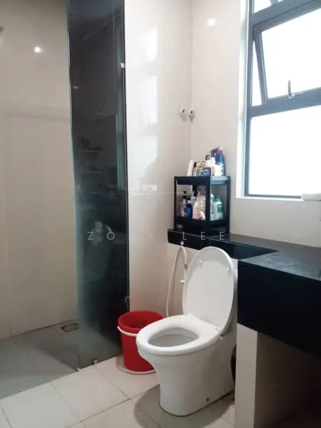 Bathroom features: white toilet, black countertop, glass shower enclosure, shower head, sink with faucet, mirror above sink, storage shelf, tiled flooring, window for natural light, red waste bin; style: modern.