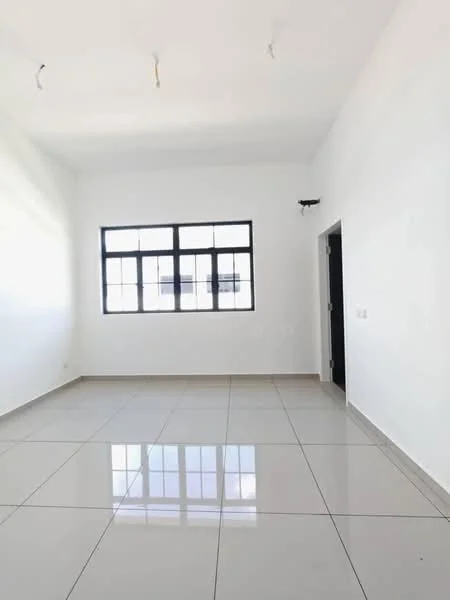 Room features: white painted walls, grey tile flooring, large black-framed windows, recessed ceiling lights, no visible furniture, smooth ceiling, single door, corner wall, reflected light on floor; style: modern.