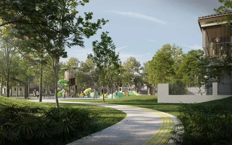 Exterior type: landscape garden; features: manicured lawn, mature trees, playground equipment, walking path, greenery, surrounding residential buildings, fenced area, outdoor seating, children's play area; style: modern.