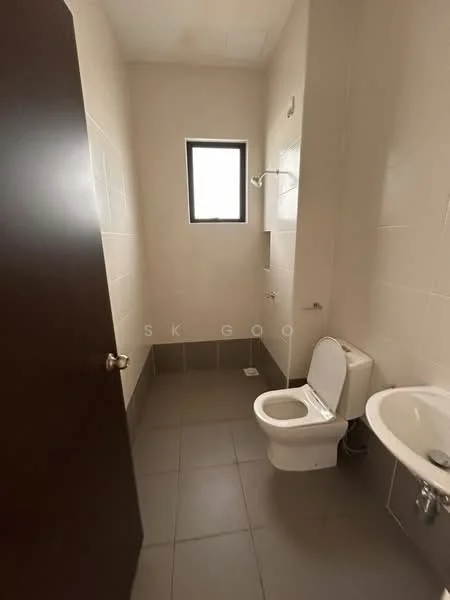 Bathroom features: white tiled walls, grey tiled flooring, single-sink vanity, chrome basin mixer faucet, one-piece toilet, shower with handheld showerhead, window for natural light, mirror above sink; style: modern.