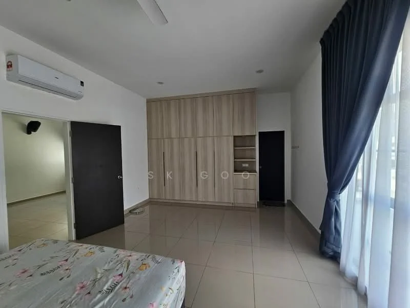 Bedroom features: queen-size bed with floral bedding, built-in wardrobe with wood finish, floor-to-ceiling windows with sheer curtains, grey tiled flooring, wall-mounted split AC unit, recessed ceiling lights, dark wood door, light-coloured walls; style: modern.
