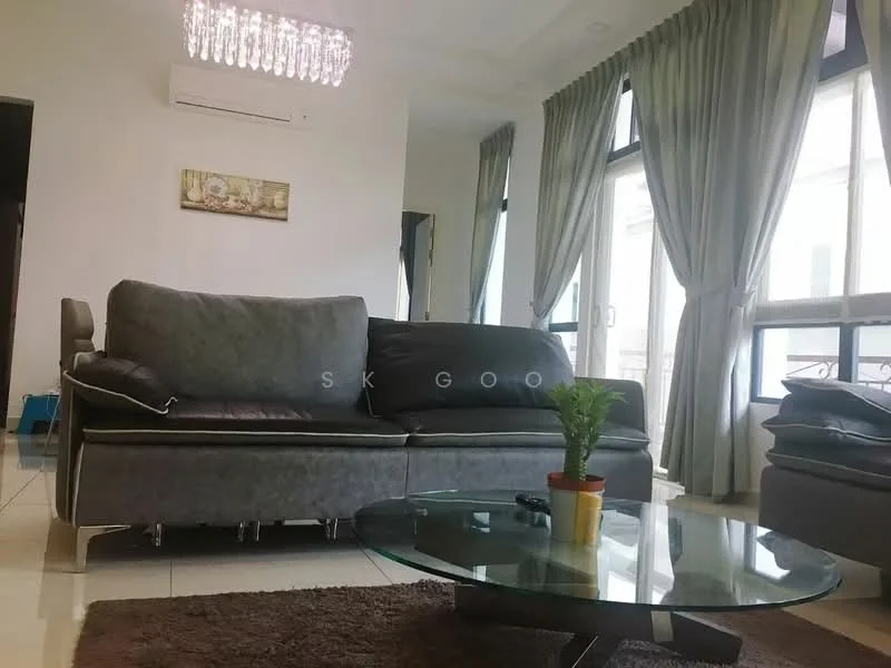 Living features: 3-seater fabric sofa in grey, glass coffee table, chandelier with multiple crystals, floor-to-ceiling windows, sheer curtains, wall-mounted split AC, cream painted walls, tile flooring, decorative plant in pot; style: modern.