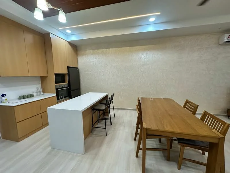 Kitchen features: light wood cabinetry, white quartz countertop, kitchen island with seating, black built-in oven, black refrigerator, stainless-steel sink, chrome pull-down faucet, pendant lighting, recessed LED downlights, wall-mounted split AC, vinyl plank flooring, textured feature wall; style: modern. Dining features: wood dining table, wood dining chairs, open layout, natural light from windows, vinyl plank flooring; style: modern.